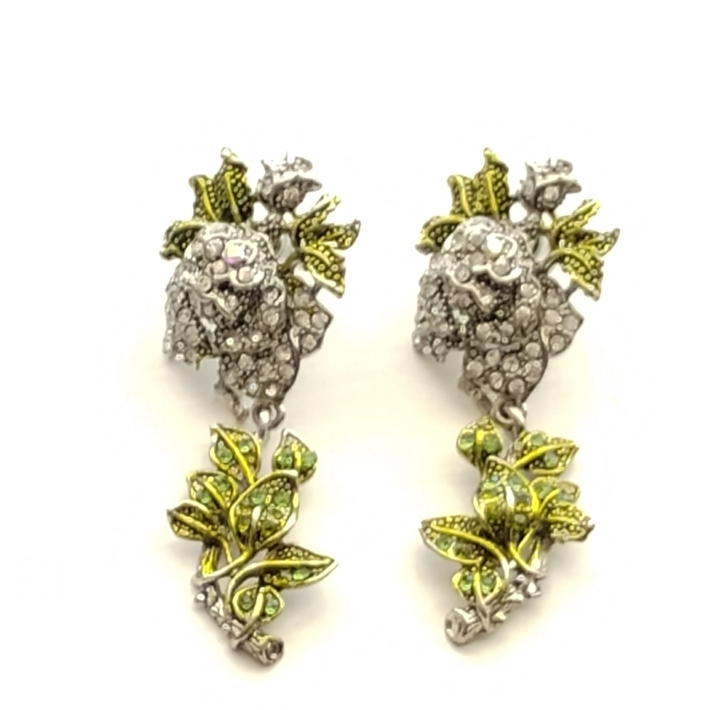 [Black Label] Antique Silver-tone and Green Floral (Heavy) Earrings